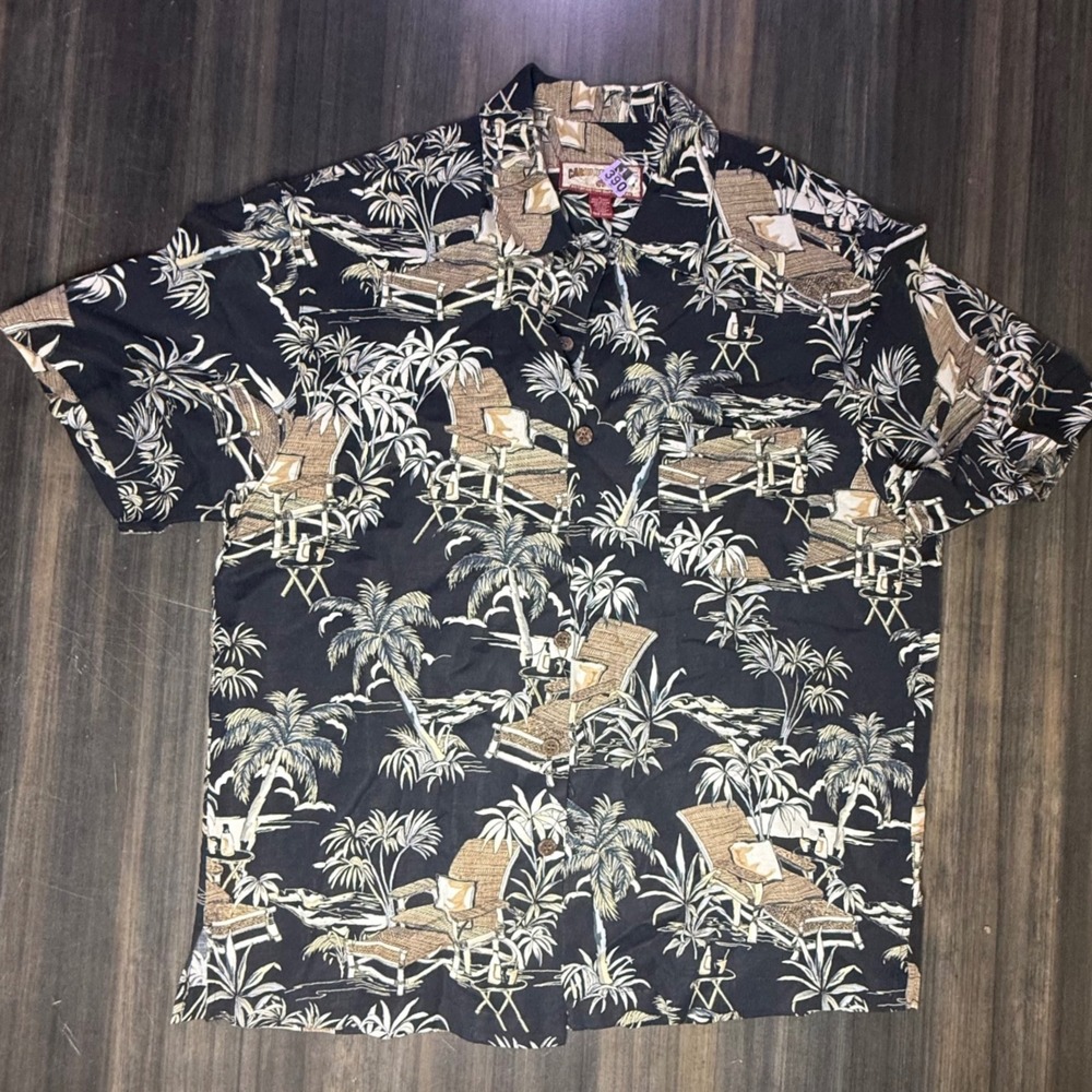 Caribbean Joe Mens Large Linen Blend‎ Island Print Vacation Hawaiian Shirt
